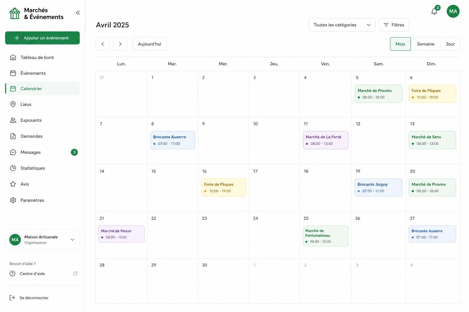 Calendrier des événements